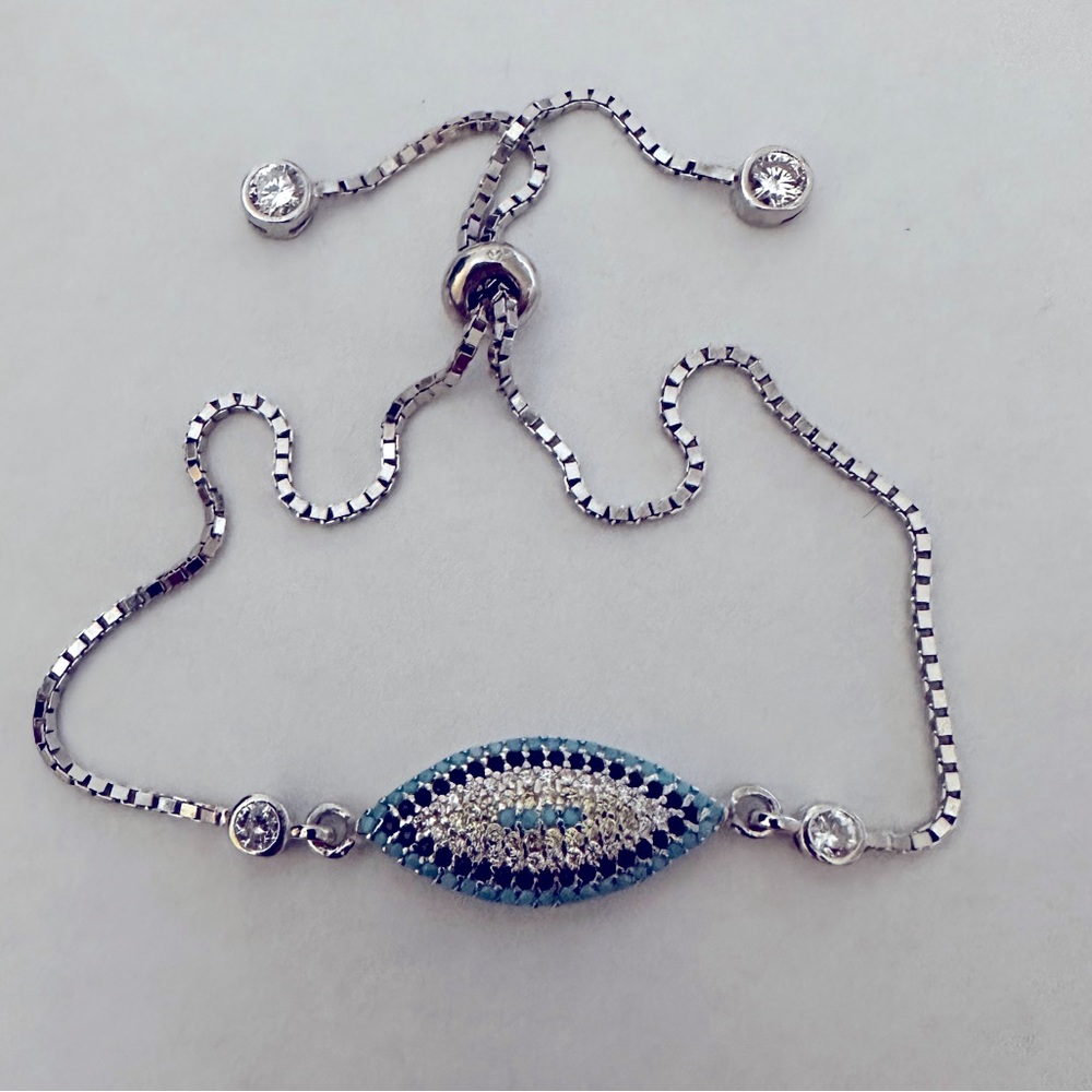 🧿925 Silver evileye bracelet bolo cubic zirconia stones oval shape